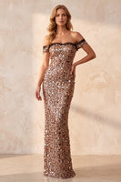 Load image into Gallery viewer, Sparkly Khaki Mermaid Off the Shoulder Sequin Long Formal Dress