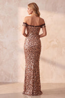 Load image into Gallery viewer, Sparkly Khaki Mermaid Off the Shoulder Sequin Long Formal Dress