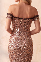 Load image into Gallery viewer, Sparkly Khaki Mermaid Off the Shoulder Sequin Long Formal Dress