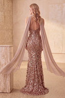 Load image into Gallery viewer, Sparkly Khaki Strapless Mermaid Sequin Long Formal Dress with Neck Scarf