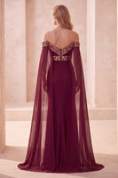 Load image into Gallery viewer, Burgundy Mermaid Off the Shoulder Satin Long Formal Dress with Cape