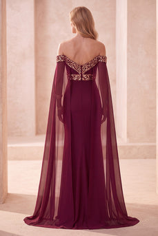 Burgundy Mermaid Off the Shoulder Satin Long Formal Dress with Cape