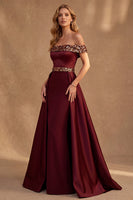 Load image into Gallery viewer, Burgundy Mermaid Sequin Off the Shoulder Long Formal Dress