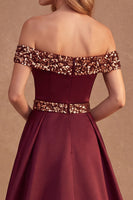 Load image into Gallery viewer, Burgundy Mermaid Sequin Off the Shoulder Long Formal Dress