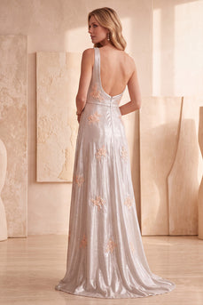 A-Line Silver Ruched One Shoulder Long Formal Dress with Appliques
