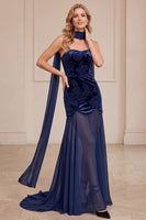 Load image into Gallery viewer, Mermaid Navy Floral Strapless Long Formal Dress with Neck Scarf