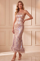 Load image into Gallery viewer, Sparkly Mermaid Vintage Mauve Feathered Sequin One Shoulder Long Formal Dress