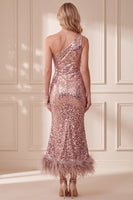 Load image into Gallery viewer, Sparkly Mermaid Vintage Mauve Feathered Sequin One Shoulder Long Formal Dress