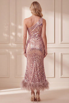 Sparkly Mermaid Vintage Mauve Feathered Sequin One Shoulder Long Formal Dress