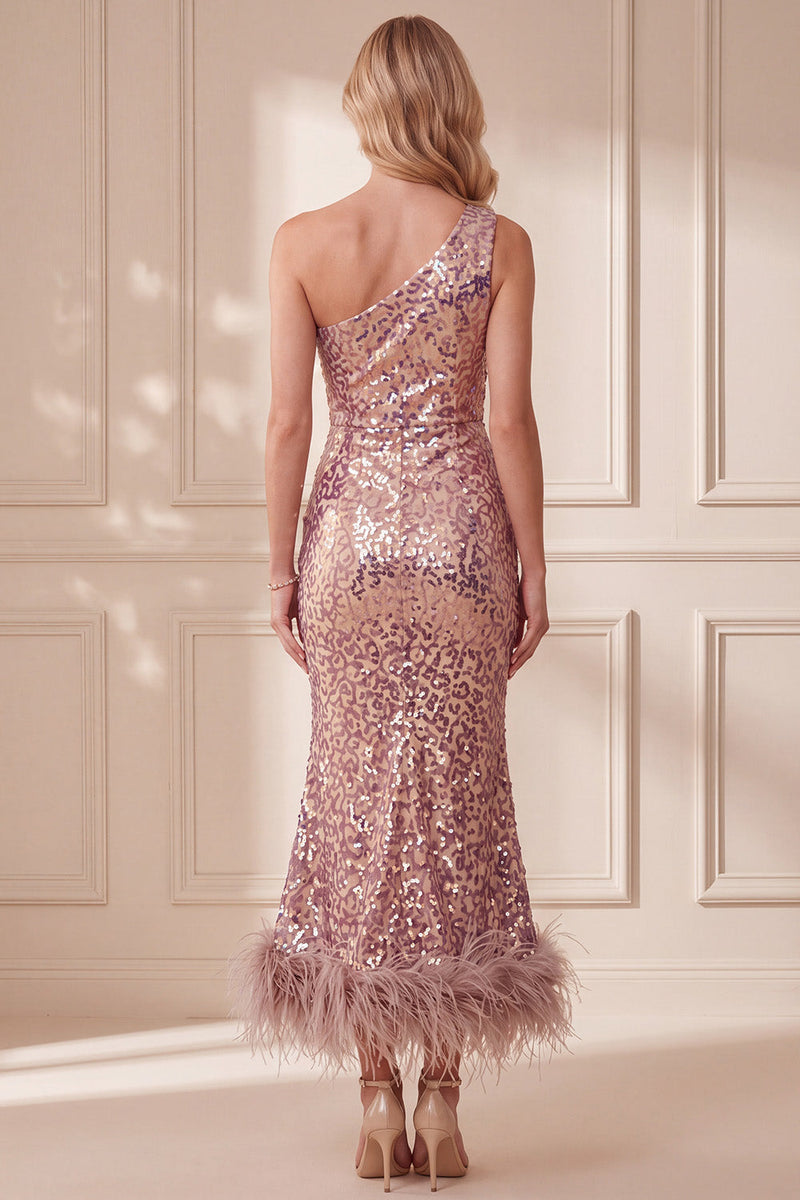 Load image into Gallery viewer, Sparkly Mermaid Vintage Mauve Feathered Sequin One Shoulder Long Formal Dress