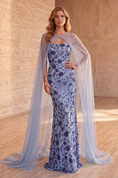 Load image into Gallery viewer, Sparkly Floral Slate Blue Sequin Mermaid Long Formal Dress with Cape