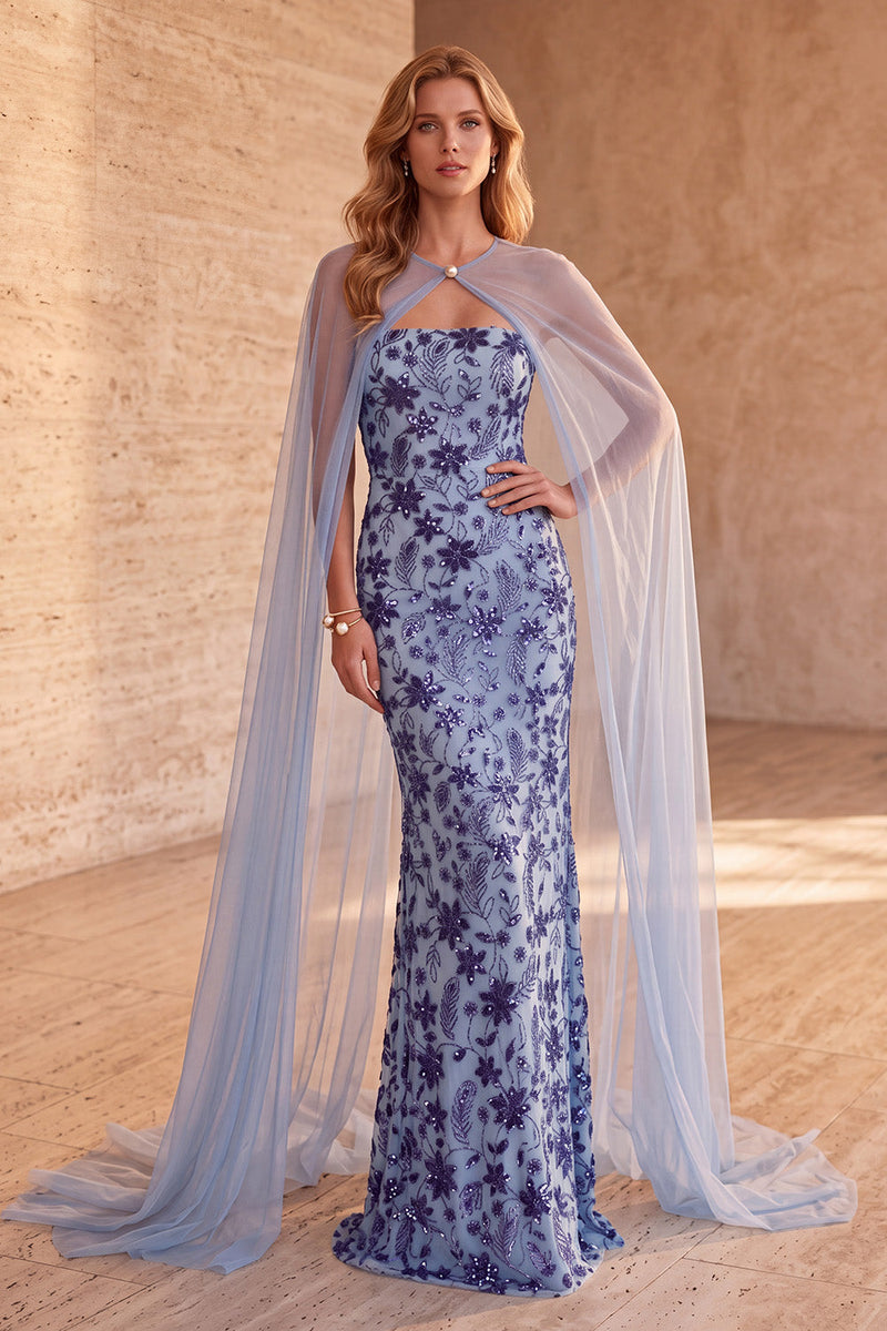 Load image into Gallery viewer, Sparkly Floral Slate Blue Sequin Mermaid Long Formal Dress with Cape
