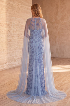 Sparkly Floral Slate Blue Sequin Mermaid Long Formal Dress with Cape
