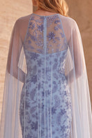 Load image into Gallery viewer, Sparkly Floral Slate Blue Sequin Mermaid Long Formal Dress with Cape