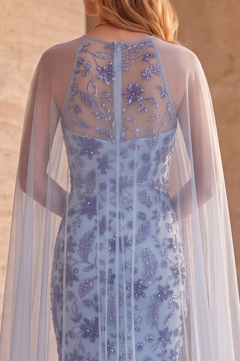 Load image into Gallery viewer, Sparkly Floral Slate Blue Sequin Mermaid Long Formal Dress with Cape
