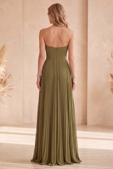 A-Line Olive Pleated Sweetheart Beaded Long Formal Dress