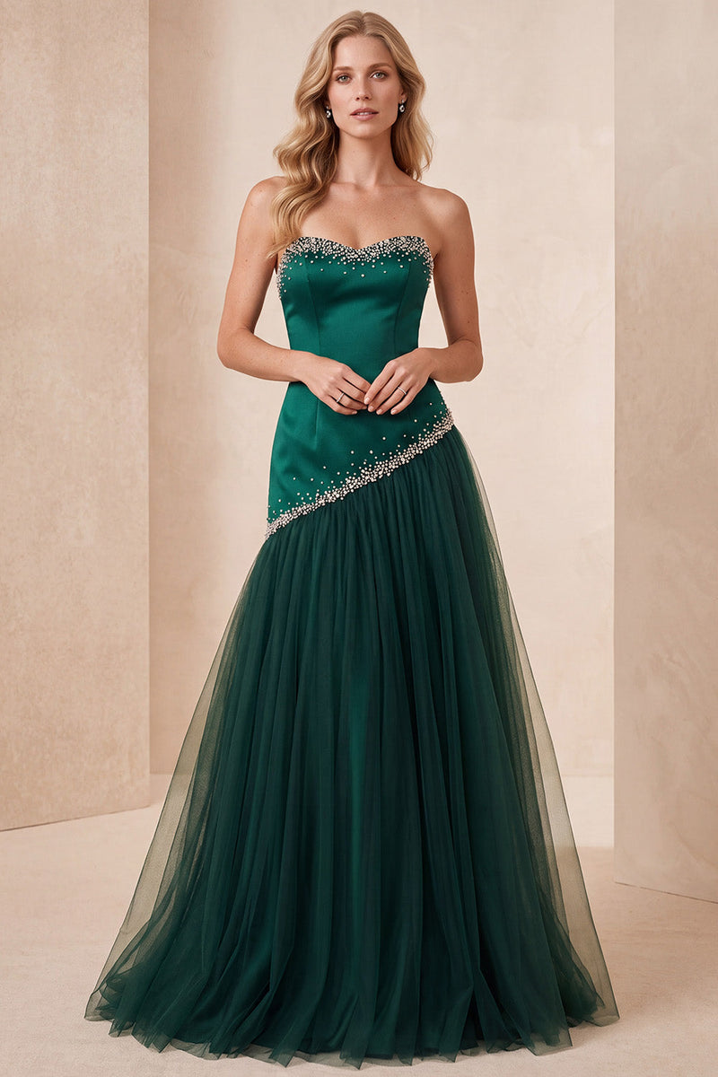 Load image into Gallery viewer, Dark Green Strapless A-Line Beaded Long Formal Dress