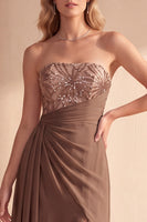 Load image into Gallery viewer, Coffee A Line Beaded Strapless Long Formal Dress with Sequins
