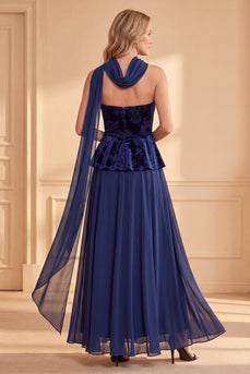 Dark Blue Ruffled Floral A-Line Tiered Long Formal Dress with Neck Scarf