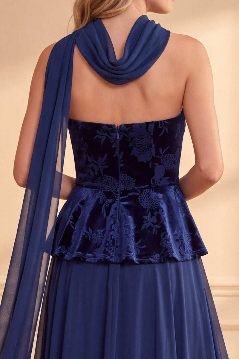 Load image into Gallery viewer, Dark Blue Ruffled Floral A-Line Tiered Long Formal Dress with Neck Scarf