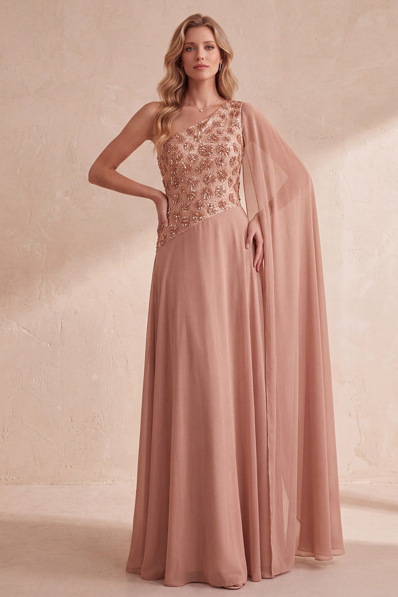 Load image into Gallery viewer, Floral Khaki One Shoulder Chiffon A-Line Long Formal Dress with Cape