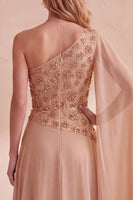 Load image into Gallery viewer, Floral Khaki One Shoulder Chiffon A-Line Long Formal Dress with Cape