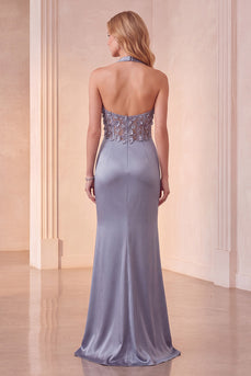 Dusty Blue Floral Mermaid Halter Ruched Long Formal Dress with Slit