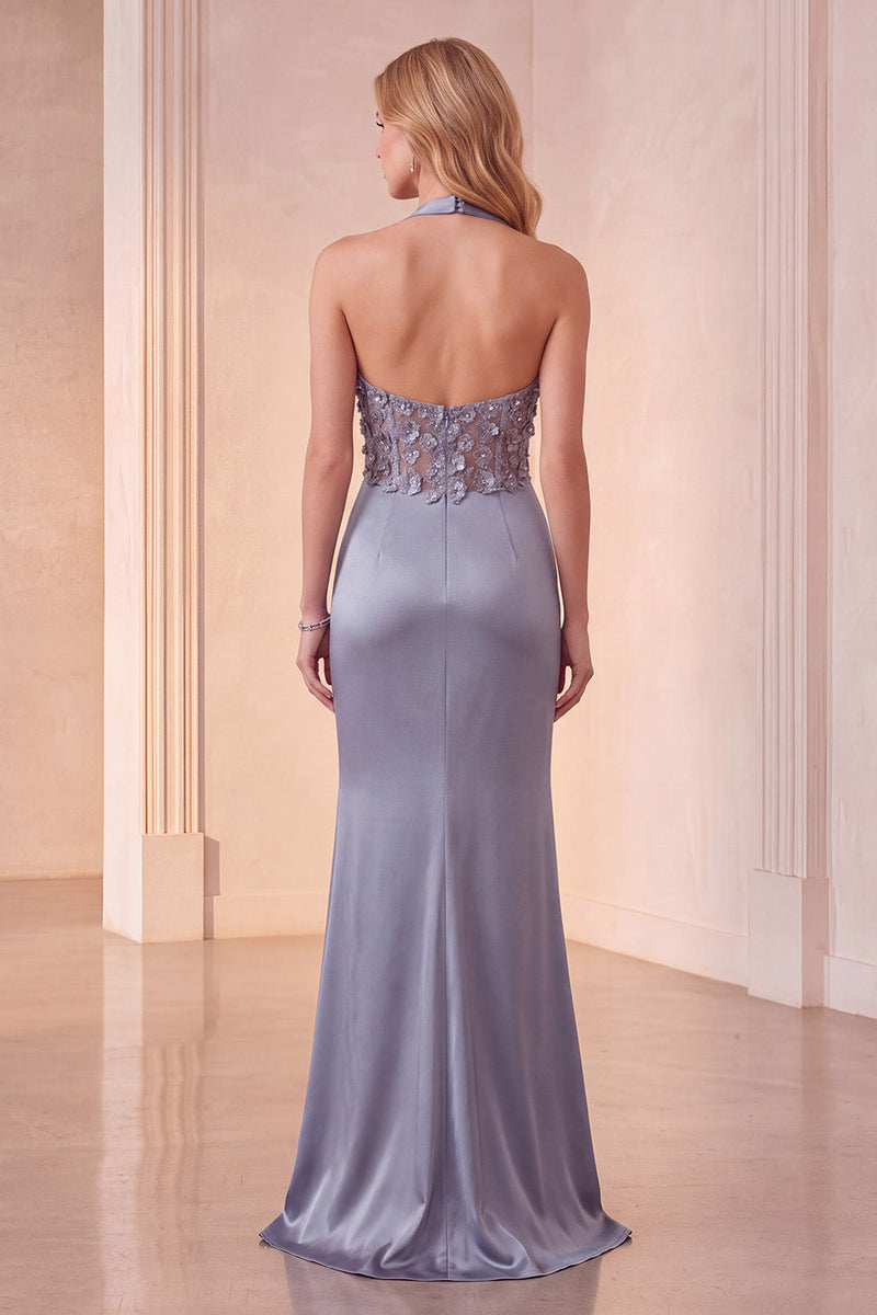 Load image into Gallery viewer, Dusty Blue Floral Mermaid Halter Ruched Long Formal Dress with Slit