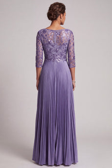 Sparkly Purple A-Line Floral Pleated Satin Long Mother of the Bride Dress with Sequins