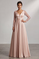 Load image into Gallery viewer, Sparkly Blush Satin A-Line V-Neck Sequin Ruched Long Sleeves Mother of the Bride Dress