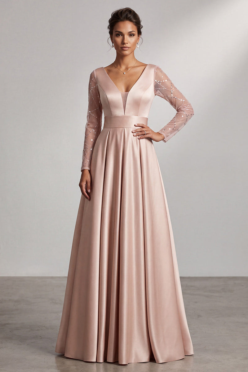 Load image into Gallery viewer, Sparkly Blush Satin A-Line V-Neck Sequin Ruched Long Sleeves Mother of the Bride Dress