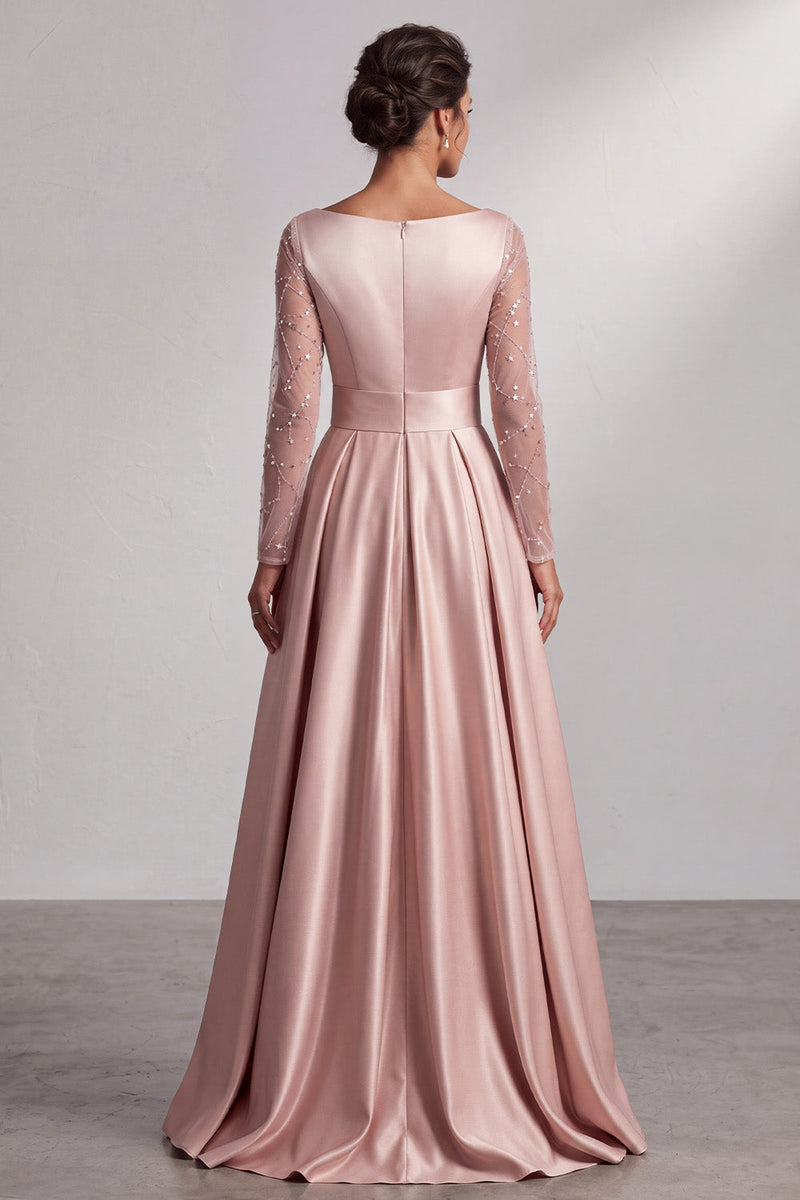 Load image into Gallery viewer, Sparkly Blush Satin A-Line V-Neck Sequin Ruched Long Sleeves Mother of the Bride Dress