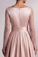 Load image into Gallery viewer, Sparkly Blush Satin A-Line V-Neck Sequin Ruched Long Sleeves Mother of the Bride Dress