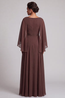Coffee A-Line Cowl Neck Beaded Ruffled Chiffon Long Mother of the Bride Dress with Cape
