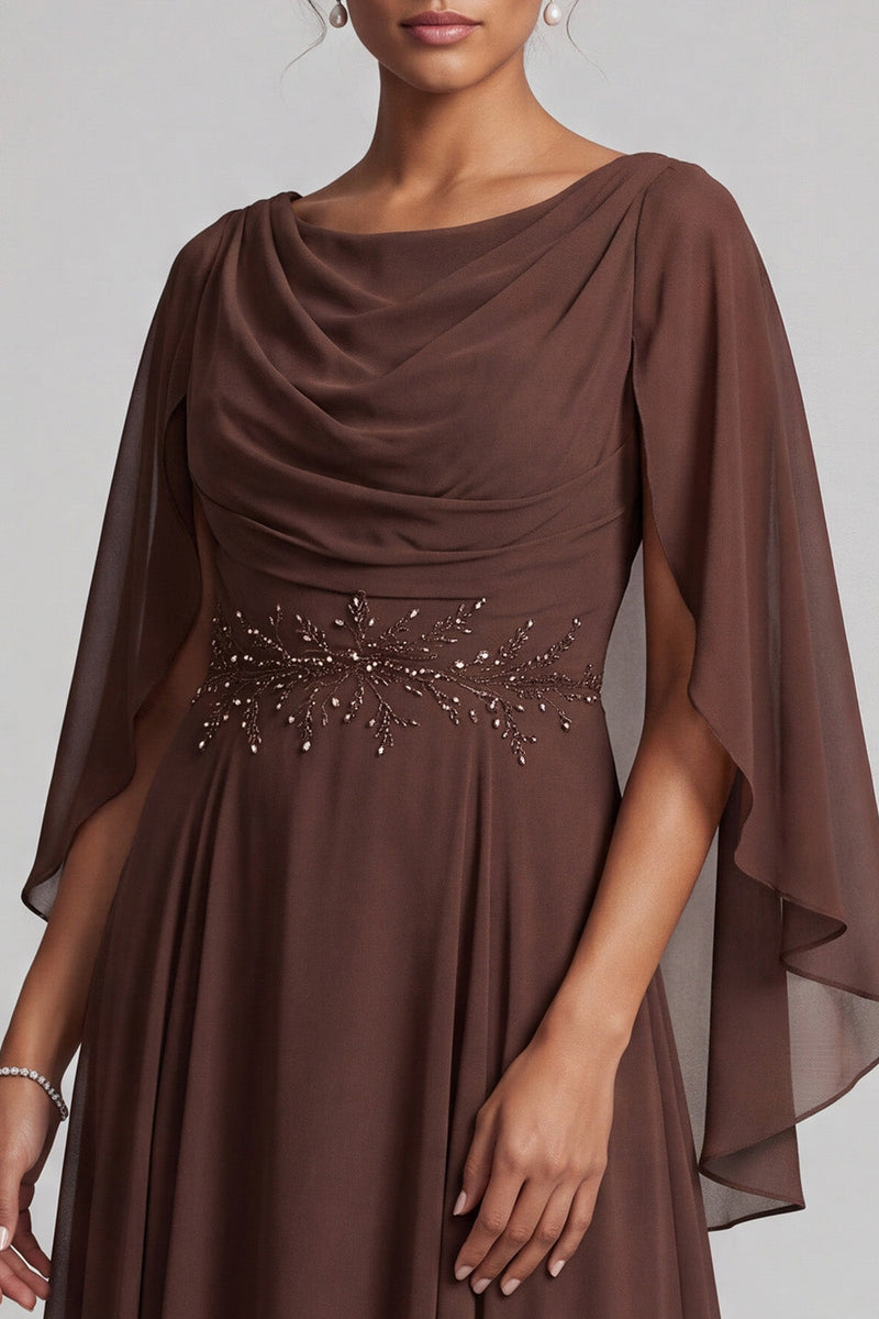 Load image into Gallery viewer, Coffee A-Line Cowl Neck Beaded Ruffled Chiffon Long Mother of the Bride Dress with Cape