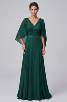Load image into Gallery viewer, Dark Green A-Line V-Neck Chiffon Ruffled Beaded Long Mother of the Bride Dress with Cape