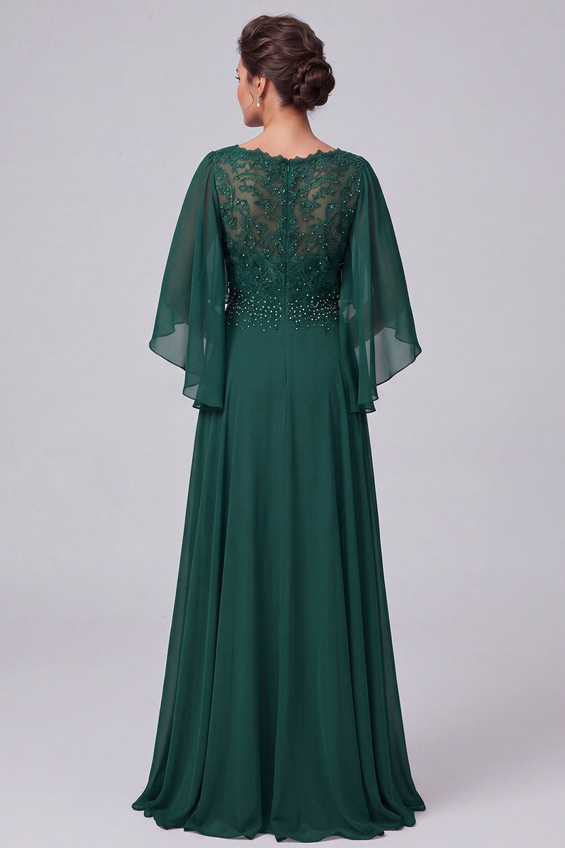 Load image into Gallery viewer, Dark Green A-Line V-Neck Chiffon Ruffled Beaded Long Mother of the Bride Dress with Cape