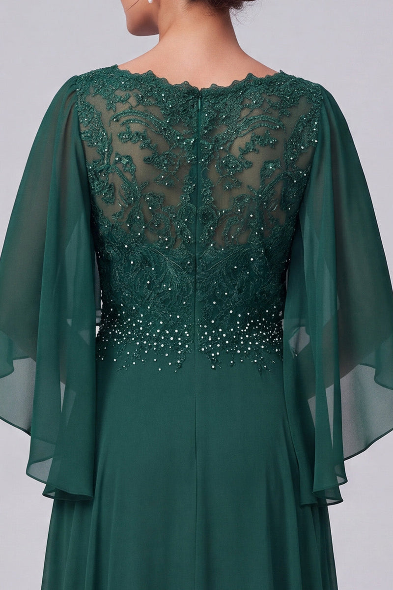 Load image into Gallery viewer, Dark Green A-Line V-Neck Chiffon Ruffled Beaded Long Mother of the Bride Dress with Cape