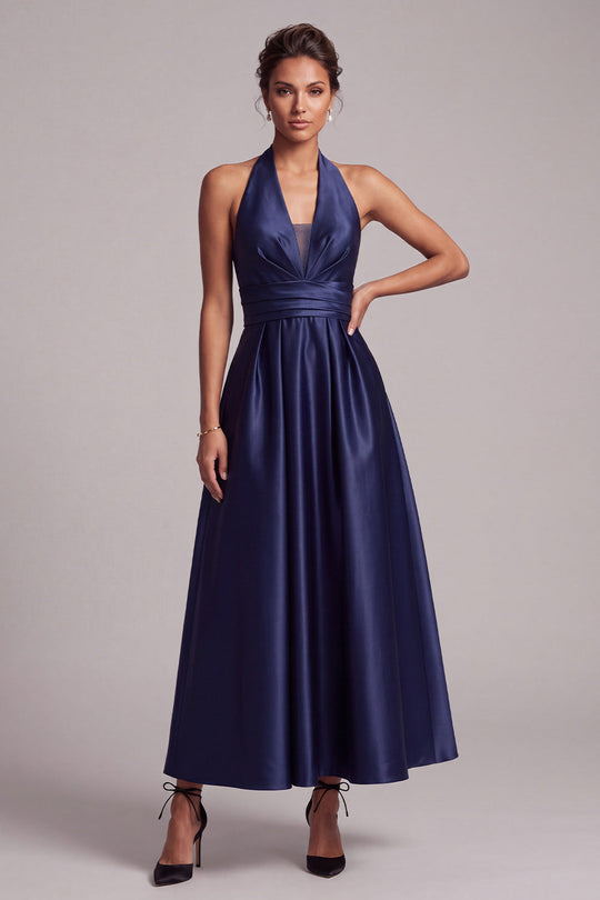 Dark Blue A-Line Halter Ruched Keyhole Back Satin Midi Formal Dress