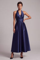 Load image into Gallery viewer, Dark Blue A-Line Halter Ruched Keyhole Back Satin Midi Formal Dress