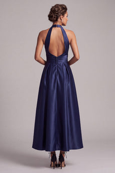 Dark Blue A-Line Halter Ruched Keyhole Back Satin Midi Formal Dress