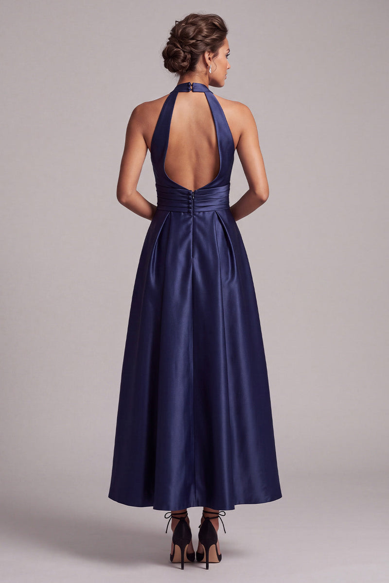 Load image into Gallery viewer, Dark Blue A-Line Halter Ruched Keyhole Back Satin Midi Formal Dress