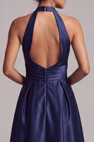 Load image into Gallery viewer, Dark Blue A-Line Halter Ruched Keyhole Back Satin Midi Formal Dress