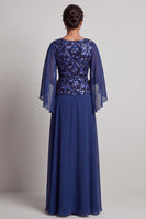 Load image into Gallery viewer, Navy Sheath Round Neck Floral Chiffon Long Mother of the Bride Dress with Cape