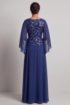 Navy Sheath Round Neck Floral Chiffon Long Mother of the Bride Dress with Cape