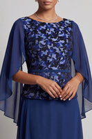 Load image into Gallery viewer, Navy Sheath Round Neck Floral Chiffon Long Mother of the Bride Dress with Cape