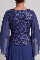 Load image into Gallery viewer, Navy Sheath Round Neck Floral Chiffon Long Mother of the Bride Dress with Cape