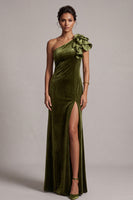 Load image into Gallery viewer, Olive Velvet Mermaid One Shoulder Velvet Ruffled Long Formal Dress with Slit
