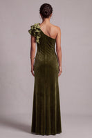 Load image into Gallery viewer, Olive Velvet Mermaid One Shoulder Velvet Ruffled Long Formal Dress with Slit