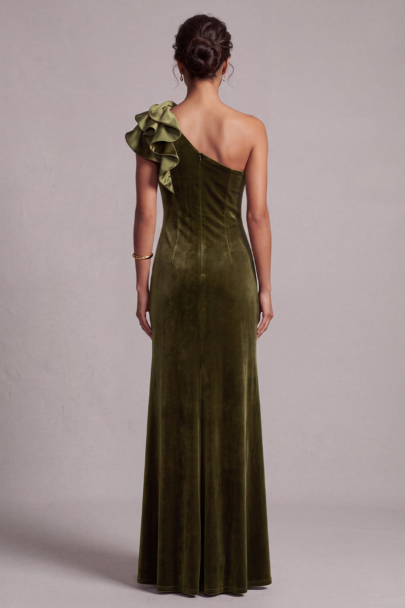Load image into Gallery viewer, Olive Velvet Mermaid One Shoulder Velvet Ruffled Long Formal Dress with Slit